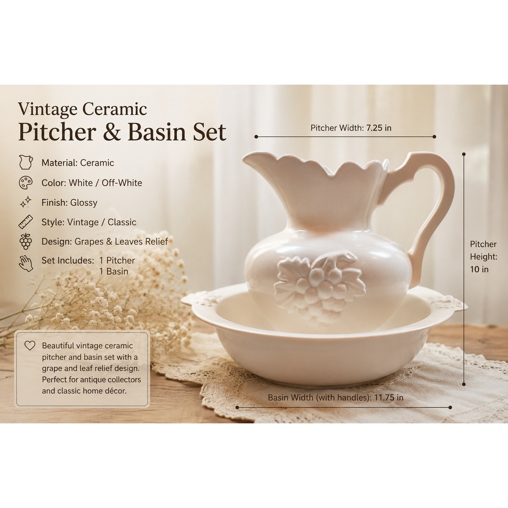 Vintage White Ceramic Pitcher and Basin Set Embossed Grapes Farmhouse Decor